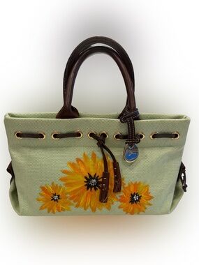 Dooney & Bourke VTG RARE Light Green Basketweave Tote W/Sunflowers EUC
